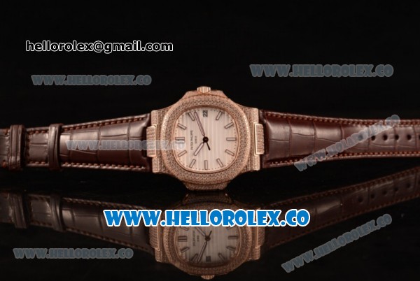 Patek Philippe Nautilus Miyota 9015 Automatic Rose Gold Case with White Dial and Brown Leather Strap - Click Image to Close